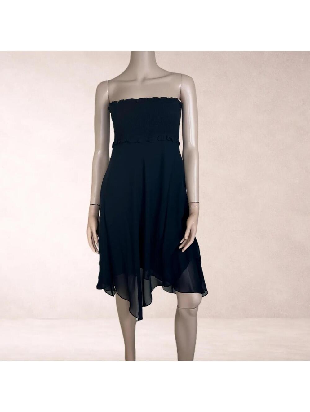 BCBG Black Strapless Whimsigoth 100% Silk Ruffle Chiffon Babydoll Dress